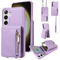 Feishell for Samsung Galaxy S23 FE Crossbody Wallet Phone Case with Hand Strap & Shoulder Strap,Premium PU Leather RFID Blocking Card Slots Zipper Pocket Back Purse Kickstand Phone Case,Purple