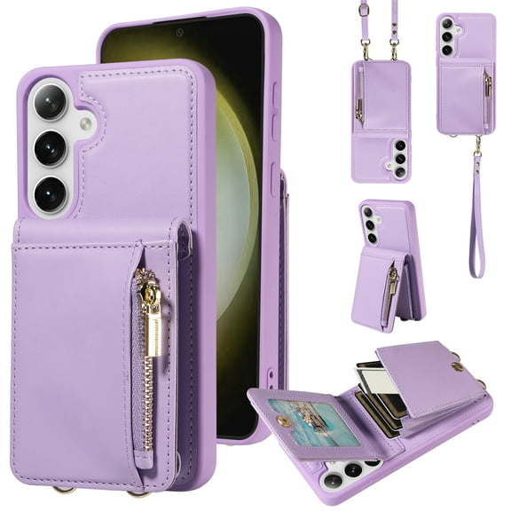 Feishell for Samsung Galaxy S23 FE Crossbody Wallet Phone Case with Hand Strap & Shoulder Strap,Premium PU Leather RFID Blocking Card Slots Zipper Pocket Back Purse Kickstand Phone Case,Purple