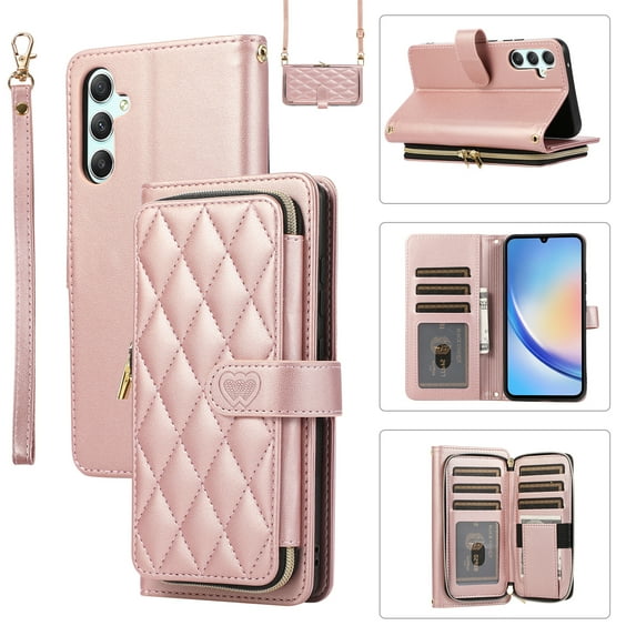 Feishell for Samsung Galaxy S23 FE Crossbody Zipper Wallet Case,for Women Men,Premium PU Leather Shockproof Magnetic Clasp Credit Card Slots Kickstand Phone Case with Shoulder & Wrist Strap,Rosegold