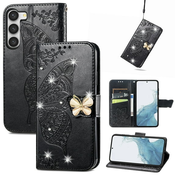 Feishell for Samsung Galaxy S23 FE Wallet Case for Women Girls,Bling Diamond Butterfly Embossed PU Leather Magnetic Clasp Flip Kickstand ID Credit Card Slots Phone Case with Wrist Strap,Black