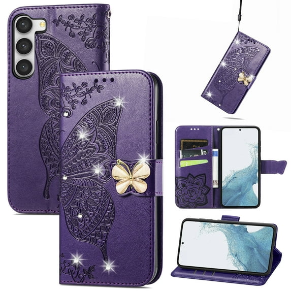 Feishell for Samsung Galaxy S23 FE Wallet Case for Women Girls,Bling Diamond Butterfly Embossed PU Leather Magnetic Clasp Flip Kickstand ID Credit Card Slots Phone Case with Wrist Strap,Purple