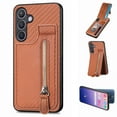 thumbnail image 1 of Feishell for Samsung Galaxy S23 FE Zipper Wallet Case [Carbon Fiber Pattern] [Built-in 2 Credit Card Slots, 1 Zipper Pocket] Premium PU Leather Back Magnetic Clasp Flip Kickstand Phone Case, Brown, 1 of 9