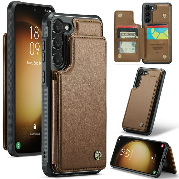 Feishell for Samsung Galaxy S23 Plus Case with Card Holder, Wallet Case for Women Men with RFID Blocking, Durable PU Leather Kickstand Magnetic Clasp Shockproof Phone Case,Brown