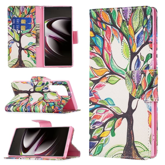 Feishell for Samsung Galaxy S23 Ultra (6.8 inch) Case,Fashion Painted Pattern PU Leather Shockproof Magnetic Clasp Flip Cover with Card Slots Kickstand Wallet Phone Case,A-Colorful Tree