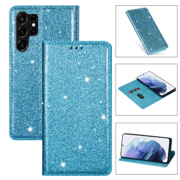 Feishell for Samsung Galaxy S23 Ultra 6.8 inch Wallet Case,Fashion Bling Glitter PU Leather Magnetic Closure Folio Card Slot Flip Kickstand Slim Phone Case for Women Girls,Skyblue