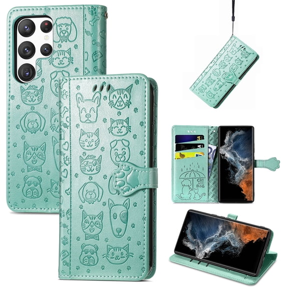 Feishell for Samsung Galaxy S23 Ultra Cartoon Cute Wallet Case, Cat Dog Style Flip with ID Card Holder Premium PU Leather Cases with Wrist Strap, Magnetic Closure Folio Kickstand Phone Cover, Green