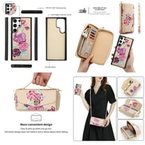 Feishell for Samsung Galaxy S23 Ultra Crossbody Wallet Detachable Case,for Women Girls,Flower Pattern PU Leather RFID Blocking Multi Card Slots Zipper Phone Case with Shoulder & Hand Strap,Yellow