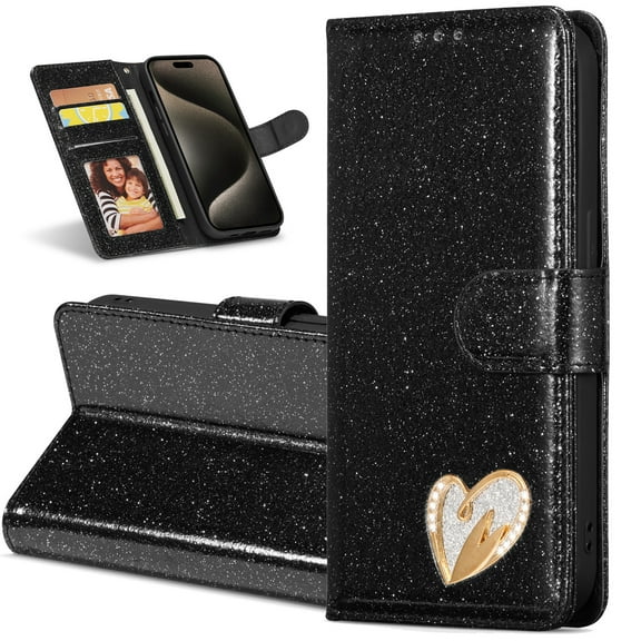 Feishell for Samsung Galaxy S23 Ultra Glitter Wallet Case, for Women Girls, Sparkling PU Leather with Cute Inlaid Loving Heart Diamond Magnetic Flip Kickstand RFID Blocking Card Slots Phone Case,Black
