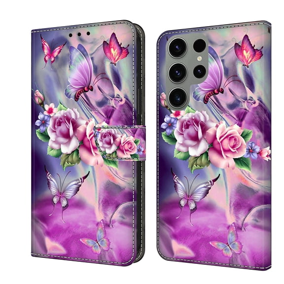 Feishell for Samsung Galaxy S23 Ultra Slim Wallet Case with Fashion Colorful Pattern Painted,Luxury PU Leather Magnetic Flip Stand Card Slots Pocket Phone Case,Butterflies & Flowers