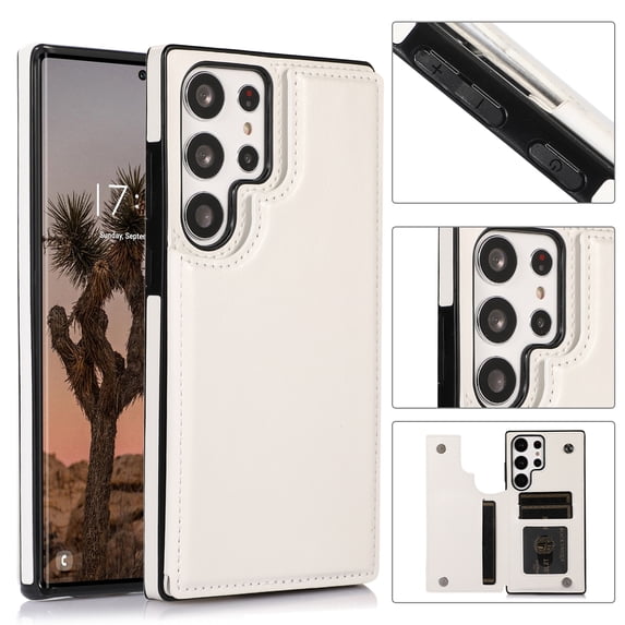 Feishell for Samsung Galaxy S23 Ultra Wallet Case with Card Holder,Double Magnetic Clasp Back Flip Kickstand Durable PU Leather Shockproof Card Slots Protective Phone Case for Women Men,White
