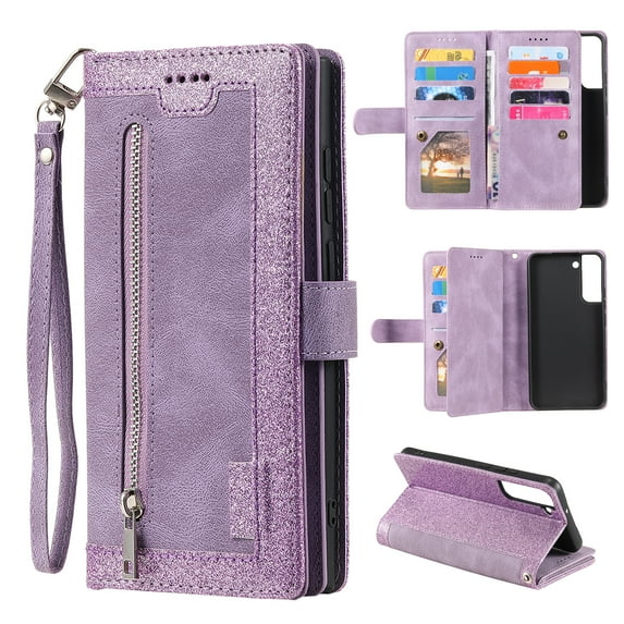 Feishell for Samsung Galaxy S23 Wallet Case with Wrist Strap,for Women Men,Luxury PU Leather Zipper Pocket Magnetic Clasp Folio Flip Holder ID Credit Card Slots Shockproof Phone Cover,Purple