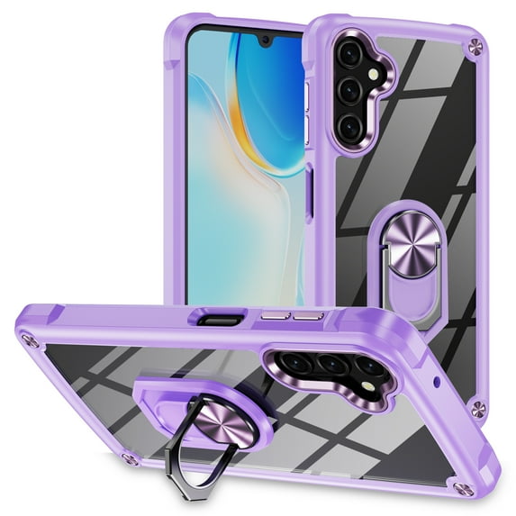 Feishell for Samsung Galaxy S24 (6.2 inch) Clear Case with Ring Holder Kickstand,Drop Protection TPU Bumper PC Hard Back Transparent Anti-scratch Hybrid Armor Slim Phone Case,Purple