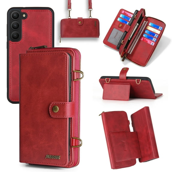 Feishell for Samsung Galaxy S24 Crossbody Wallet Case,PU Leather Lager Capacity Detachable Cover Magnetic Buckle Card Slots Zipper Pocket Stand Phone Case with Adjustable Shoulder Strap,Red