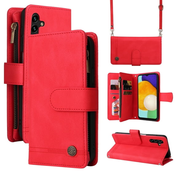 Feishell for Samsung Galaxy S24 Plus 6.7 inch Zipper Wallet Case with Wrist Strap & Shoulder Strap,Premium PU Leather Magnetic Clasp Flip Holder Card Slots Crossbody Phone Case for Women Men,Red