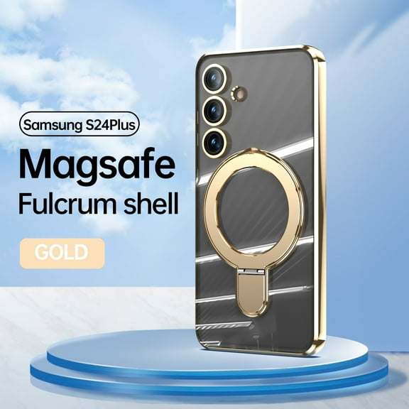Feishell for Samsung Galaxy S24 Plus Magnetic Clear Case with All-inclusive Camera Lens Film [Compatible with MagSafe] Shockproof Plating Anti-yellowing Transparent Ring Kickstand Slim Phone Case,Gold