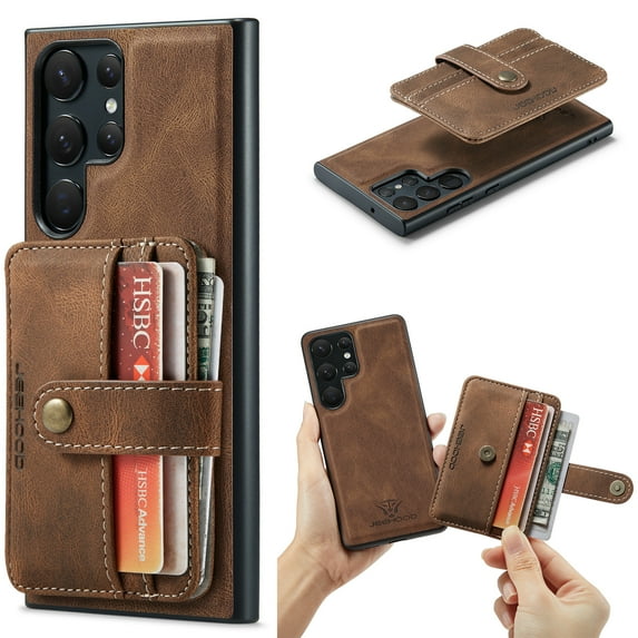 Feishell for Samsung Galaxy S24 Ultra Back Cover with Magnetic Detachable Card Pocket,Shockproof Protective PU Leather 2-In-1 Magnetic Buckle ID Credit Card Slots Phone Case,Brown