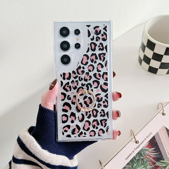 Feishell for Samsung Galaxy S24 Ultra Case with Diamond Ring Kickstand, Cute Leopard / Cow Print / Lines Pattern Soft TPU Shockproof Protective Lightweight Slim Phone Case for Galaxy S24 Ultra,C