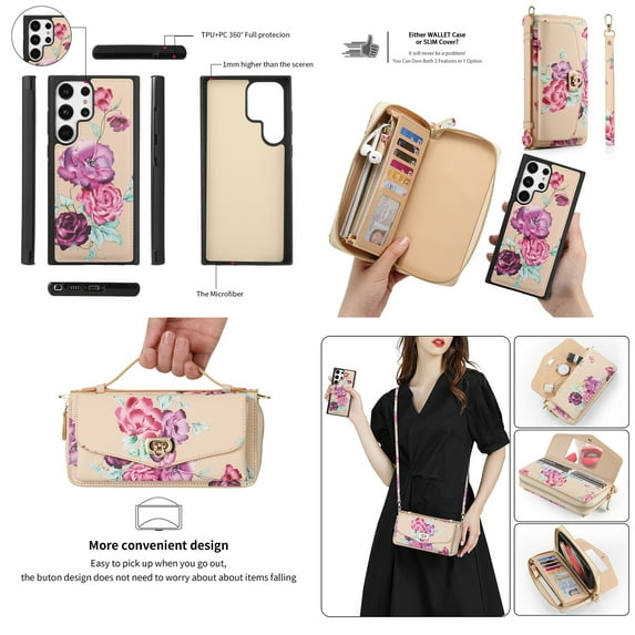 Feishell for Samsung Galaxy S24 Ultra Crossbody Wallet Detachable Case,for Women Girls,Flower Pattern PU Leather RFID Blocking Multi Card Slots Zipper Phone Case with Shoulder & Hand Strap,Yellow