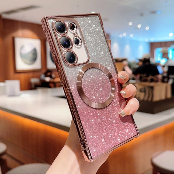 Feishell for Samsung Galaxy S24 Ultra Magnetic Phone Case,Compatible with MagSafe Charging,Gradient Bling Glitter Case for Women Girls,Luxury Plating Clear Soft TPU Shockproof Phone Cover,Pink