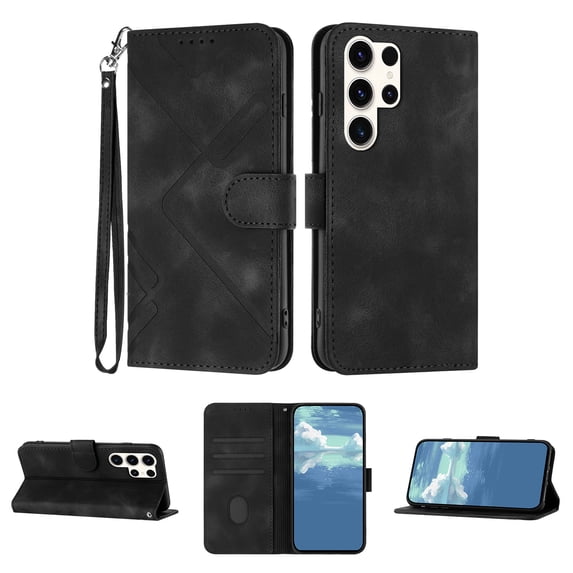 Feishell for Samsung Galaxy S24 Ultra Phone Case with Wrist Strap,Premium PU Leather Magnetic Clasp Flip Kickstand Credit Card Slots Holder Wallet Shockproof Protection Slim Phone Case,Black