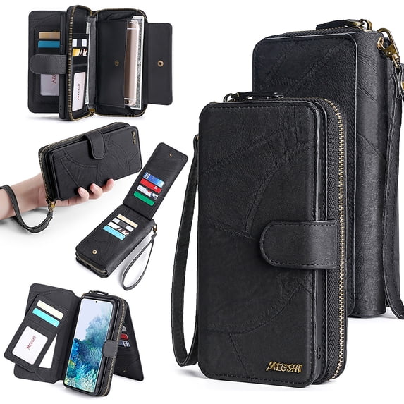 Feishell for Samsung Galaxy S25 Multi-Function Wallet Case, with Wrist Strap, Premium PU Leather 2 in 1 Magnetic Detachable Purse 14 Card Holder Slots Zipper Pocket Phone Case for Women Men,Black