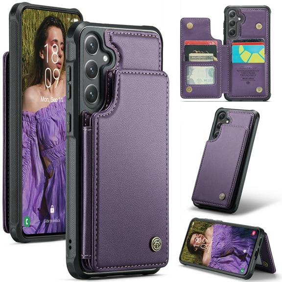 Feishell for Samsung Galaxy S25 Plus Case with Card Holder, Wallet Case for Women Men with RFID Blocking, Durable PU Leather Kickstand Magnetic Clasp Shockproof Phone Case,Purple