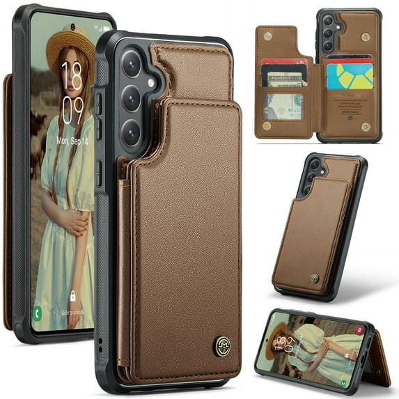 Feishell for Samsung Galaxy S25 Plus Case with Card Holder, Wallet Case for Women Men with RFID Blocking, Durable PU Leather Kickstand Magnetic Clasp Shockproof Phone Case,Brown