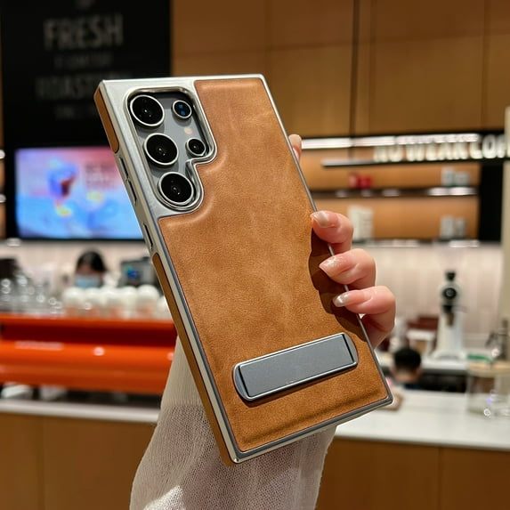 Feishell for Samsung Galaxy S25 Plus Case, Slim Leather Luxury Business PU Non-Slip Grip Rugged Bumper Shockproof Anti-Scratch with Hidden Kickstand Protective Cover Phone Cases, Brown