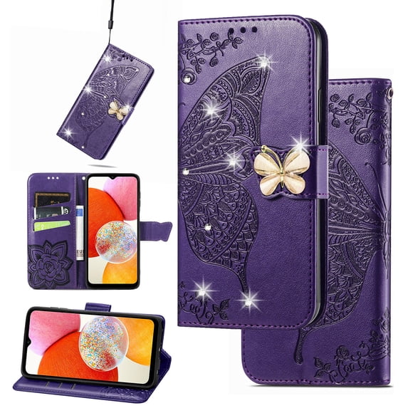 Feishell for Samsung Galaxy S25 Plus Wallet Case for Women Girls,Bling Diamond Butterfly Embossed PU Leather Magnetic Clasp Flip Kickstand ID Credit Card Slots Phone Case with Wrist Strap,Purple