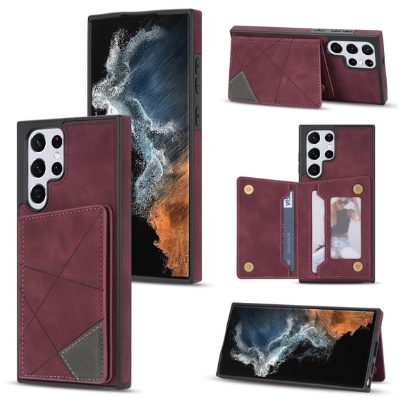 Feishell for Samsung Galaxy S25 Ultra Back Flip Case with Credit Card Slots,Shockproof Durable PU Leather Magnetic Button Adjustable Kickstand Wallet Phone Case for Women Men,Winered