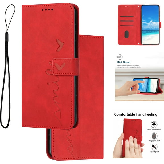 Feishell for Samsung Galaxy S26 Edge Wallet Case with Wrist Strap,Love Heart Pattern Embossed Plain PU Leather Magnetic Clasp [RFID Blocking] Credit Card Slots Folio Flip Kickstand Phone Cover,Red
