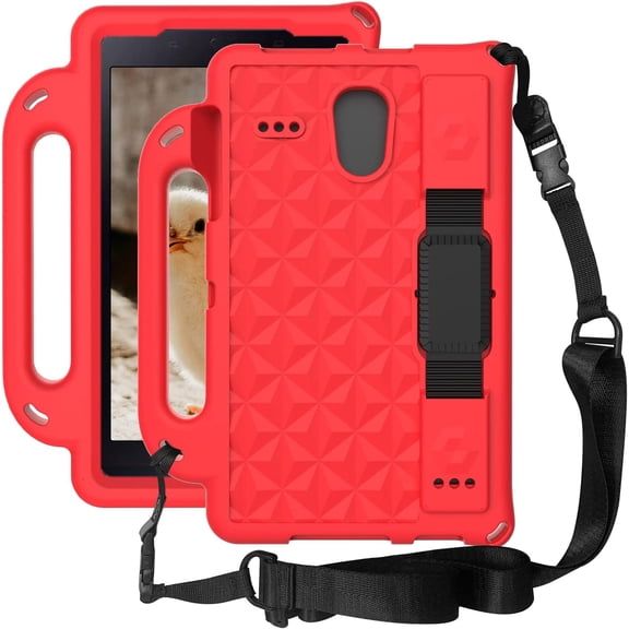Feishell For Samsung Galaxy Tab A 8.0 Tablet 2017 Release Model SM-T380/T385 Pencil Holder Adjustable Shoulder/Hand Strap Kickstand Rubber Three Layer Convertible Handle Cover Kids Friendly, Red