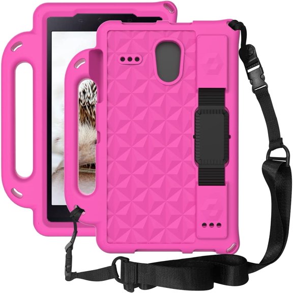 Feishell For Samsung Galaxy Tab A 8.0 Tablet 2017 Release Model SM-T380/T385 Pencil Holder Adjustable Shoulder/Hand Strap Kickstand Rubber Three Layer Convertible Handle Cover Kids Friendly, Rose