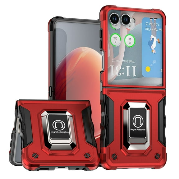 Feishell for Samsung Galaxy Z Flip 7 Cover with Metal Ring Folding Kickstand,Drop Protection Magnetic Car Mount Shockproof Durable Dual Layer Hybrid Rugged Protective Phone Case,Red