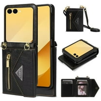 Feishell for Samsung Galaxy Z Flip 7 Crossbody Zipper Wallet Phone Case,Premium PU Leather Kickstand Metal Buckle Credit Card Slots Shockproof Purse Phone Case with Detachable Shoulder Strap,Black