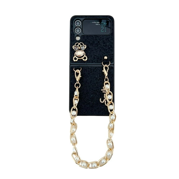 Feishell for Samsung Galaxy Z Flip3 Case with Detachable Pearl Bracelet Strap for Women Girls,Luxury Bling Diamond Cute Crystal Rhinestone Design Fashion Sparkly Phone Case,Black