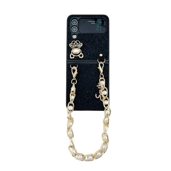 Feishell for Samsung Galaxy Z Flip3 Case with Detachable Pearl Bracelet Strap for Women Girls,Luxury Bling Diamond Cute Crystal Rhinestone Design Fashion Sparkly Phone Case,Black