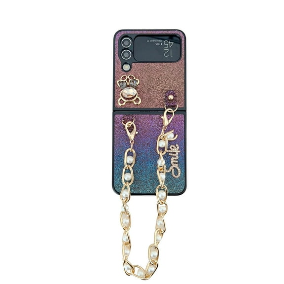 Feishell for Samsung Galaxy Z Flip3 Case with Detachable Pearl Bracelet Strap for Women Girls,Luxury Bling Diamond Cute Crystal Rhinestone Design Fashion Sparkly Phone Case,Purple