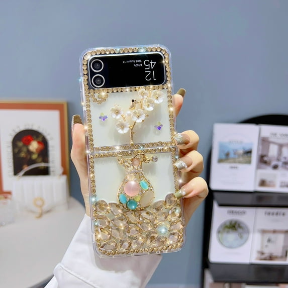 Feishell for Samsung Galaxy Z Flip4 2022 Bling Glitter Phone Case,Women Girls Fashion Cute Flower Sparkle Diamond Crystal Rhinestone Charm Clear Protective Case,Gold