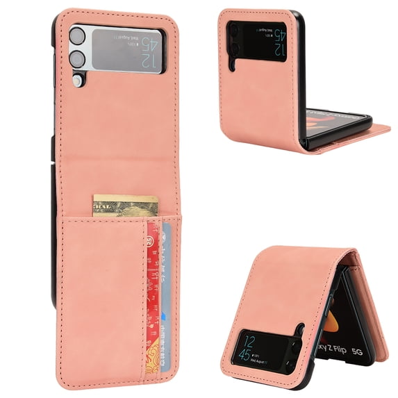 Feishell for Samsung Galaxy Z Flip4 Case,Galaxy Z Flip4 Luxury PU Leather Folding Protective Phone Case with ID Credit Card Slots Pocket Shockproof Protective Shell Cover,Pink