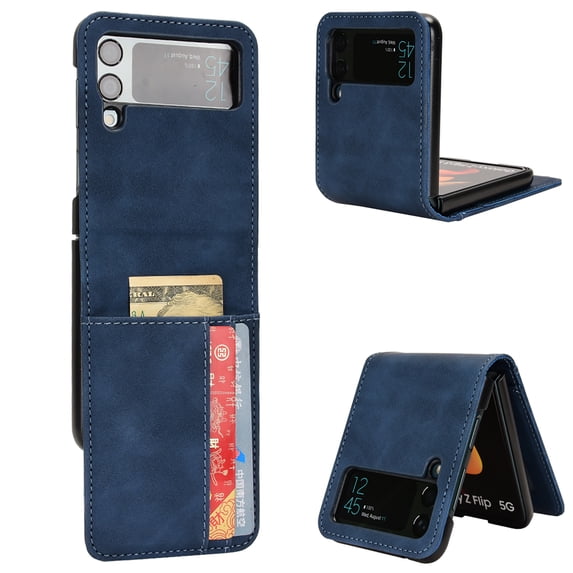 Feishell for Samsung Galaxy Z Flip4 Case,Galaxy Z Flip4 Luxury PU Leather Folding Protective Phone Case with ID Credit Card Slots Pocket Shockproof Protective Shell Cover,Blue