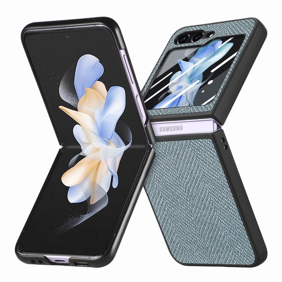 Feishell for Samsung Galaxy Z Flip5 Case Built-in Screen Protector,Denim Grain PU Leather Full Protection Shockproof Slim Lightweight Folding Phone Case Good Gift for Women Men,Cyan