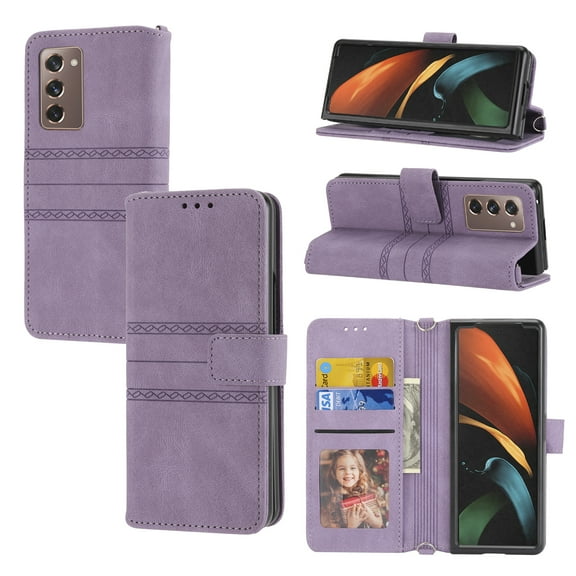 Feishell for Samsung Galaxy Z Fold 2 Case with Detachable Wrist Strap,Premium PU Leather Drop Protection Magnetic Clasp Flip Kickstand RFID Blocking Credit Card Slots Wallet Phone Case,Lightpurple