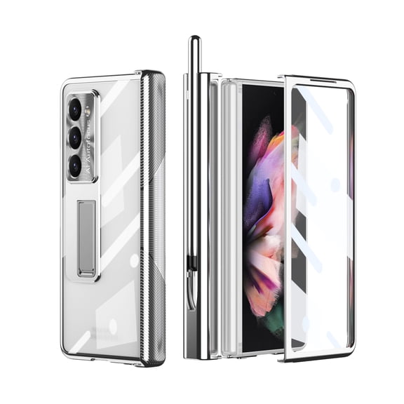 Feishell for Samsung Galaxy Z Fold 6 Case with Two Hinge Protection & S Pen,Transparent Plating Magnetic Hinge Hidden Kickstand Pen Holder Built-in Screen Protector All-inclusive Phone Case,Silver