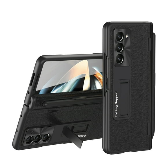 Feishell for Samsung Galaxy Z Fold 6 Rugged Case with Screen Protect Film & Writing Stylus,Premium PU Leather Hinge Protection Pen Slot Foldable Bracket All-Inclusive Shockproof Phone Case ,Black