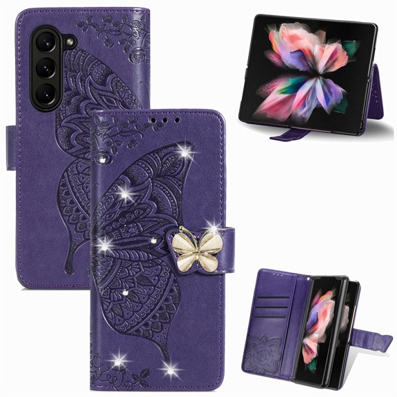 Feishell for Samsung Galaxy Z Fold 6 Wallet Case for Women Girls,Bling Diamond Butterfly Embossed PU Leather Magnetic Clasp Flip Kickstand ID Credit Card Slots Phone Case with Wrist Strap,Purple