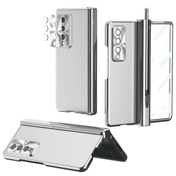 Feishell for Samsung Galaxy Z Fold3 Electroplated Folding Case with Double Hinge & S Pen,Magnetic Hinge Protection Bulit-in Screen Protector Metal Lens Protection Pen Holder Phone Case, Silver