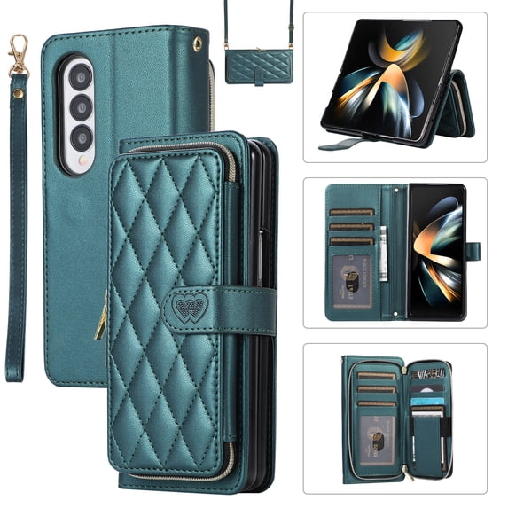 Feishell for Samsung Galaxy Z Fold4 Crossbody Zipper Wallet Case,for Women Men,Premium PU Leather Shockproof Magnetic Clasp Card Slots Kickstand Phone Case with Shoulder & Wrist Strap,Darkgreen