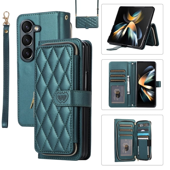 Feishell for Samsung Galaxy Z Fold5 Crossbody Zipper Wallet Case,for Women Men,Premium PU Leather Shockproof Magnetic Clasp Card Slots Kickstand Phone Case with Shoulder & Wrist Strap,Darkgreen