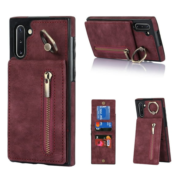 Feishell for Samsung Note 10, Case Wallet with Card Holder Functional Two Way Kickstand Durable Zipper Pocket RFID Blocking Leather Protective Leather for Samsung Galaxy Note 10, Winered